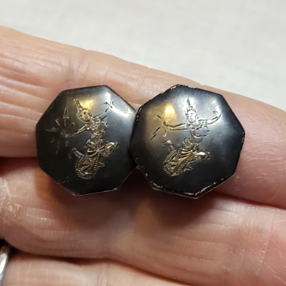 Vintage Sterling Silver Clip-On Earrings With The Niello technique Made In Siam